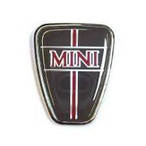 DAB10076 - Shield type bonnet badge with "MINI" on twin line background red with predominant background colour grey - Classic Mini